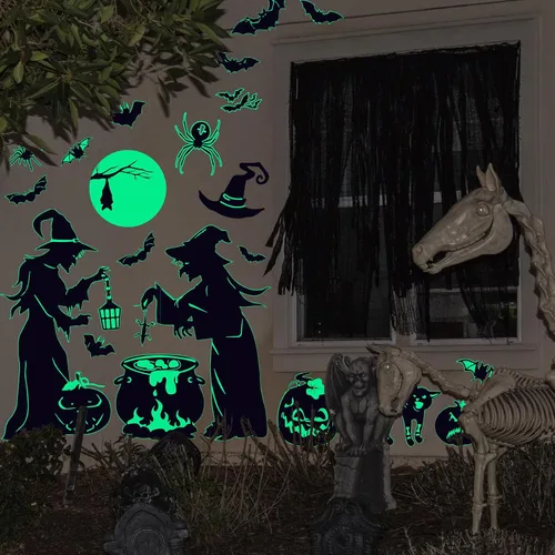 Vista 4 de AnyDesign 2 hojas de calcomanías de pared de bruja de Halloween que brillan en la oscuridad, bruja, murciélago, calabaza, araña, calcomanías