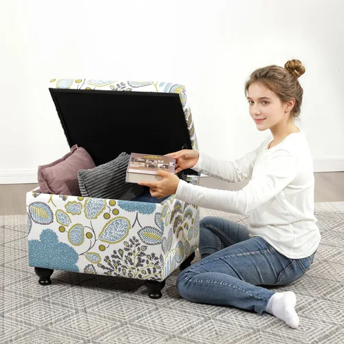 Vista 5 de Adeco Otomana Almacenadora Colorida con Almacenamiento, Otomana de 53 cm de Lino con Reposapiés y Tapa con Bisagra con Patrón de Hojas Azules