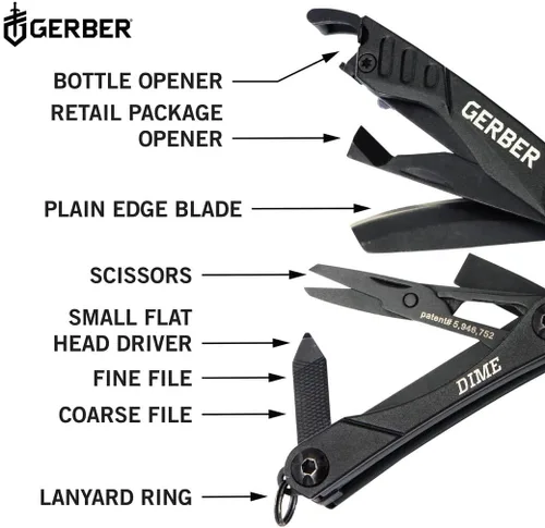 Vista 3 de Gerber Gear Dime 12-en-1 Mini EDC Multiherramienta - Pinzas de punta, cuchillo de bolsillo, llavero, abridor de botellas - Regalos para hombres