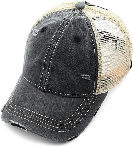 Vista 2 de Funky Junque - Gorro de béisbol para mujer, gorro de papá, gorro con cola de caballo, gorro con pelo despeinado, gorro pony.