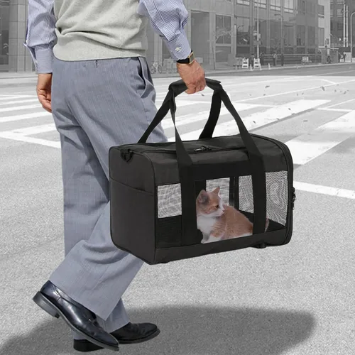 Vista 5 de Transportador de viaje para gatos, de lados suaves, ventilado, transpirable, plegable, transportador suave aprobado por aerolíneas para perros