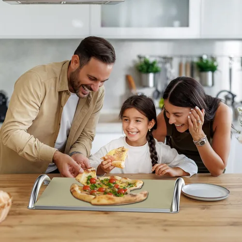Vista 7 de Skyflame Piedra de pizza de cordierita de 16 pulgadas con estante y mango de acero inoxidable extraíble, piedra de hornear resistente para parrillas