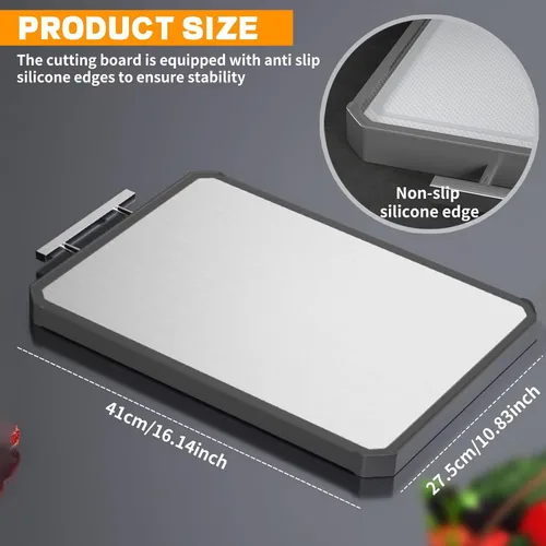 Vista 5 de Tabla de cortar de acero inoxidable, tablas de cortar de doble cara, tablas de cortar grandes para cocina, grado alimenticio, acero inoxidable