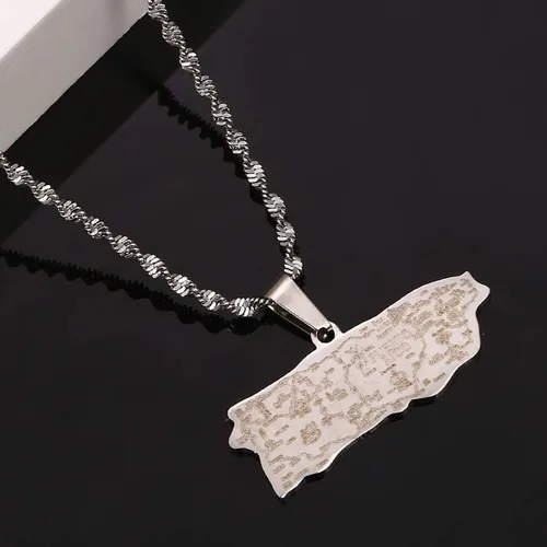 Vista 2 de Collar con colgante de mapa de Puerto Rico de acero inoxidable, joyería de mapa de puertorriqueños