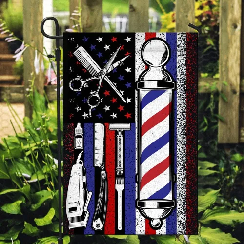 Vista 2 de Bandera de peluquero orgulloso para peluquero y estilista (12 x 18 pulgadas), bandera de jardín de Estados Unidos de alta calidad, banderas