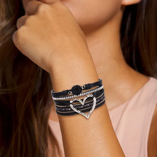 Vista 3 de Long tiantian Pulsera de cuero multicapa con corazón moderno bohemio con cierre magnético y diamantes de imitación para mujer, Cobre, otro