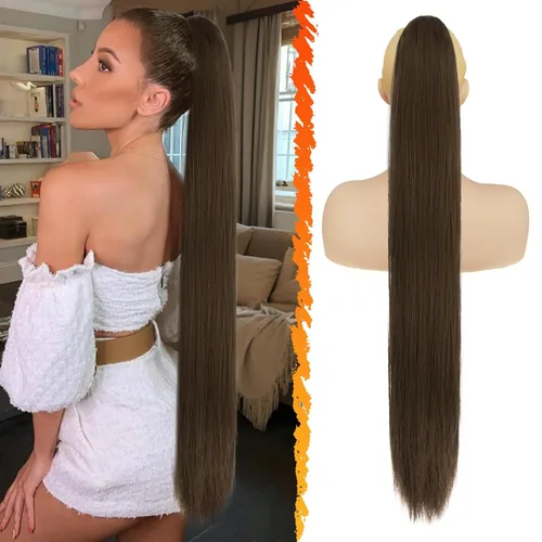 Vista 12 de Barsdar Extensión de cola de caballo marrón oscuro - Extensiones de cola de caballo cortas y rectas de 14 pulgadas con cordón para mujeres