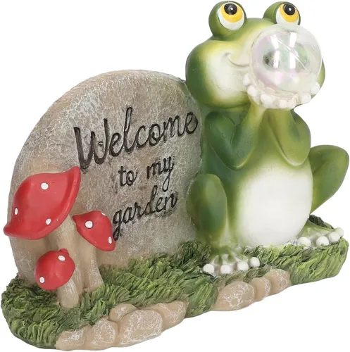 Vista 8 de Decoración de estatua de resina de jardín con luz solar, jardín patio trasero Welcome to My Garden Escultura de rana de resina con energía solar LED