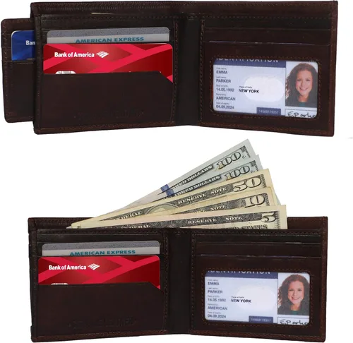 Vista 3 de REAGO Cartera de bloqueo RFID de cuero genuino para hombres con ventana de identificación doble