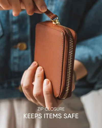 Vista 4 de Cartera de piel para mujer, con bloqueo RFID, plegable, delgada, para tarjetas de crédito, con bolsillo con cremallera, Marrón, Classic