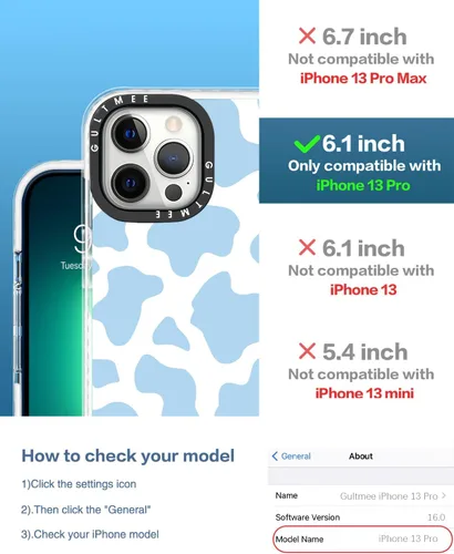 Vista 2 de Diseñada para iPhone 13 Pro de 6.1 pulgadas, bonito estampado de vaca azul con protector de pantalla de vidrio templado, diseño delgado con funda