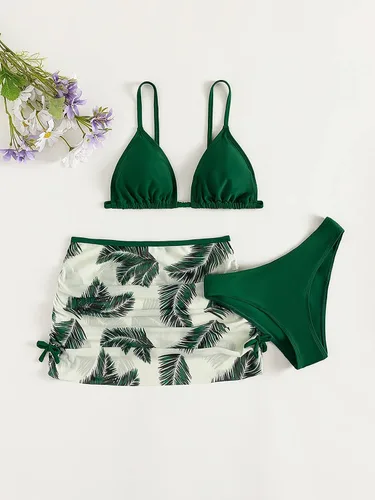 Vista 5 de SHENHE Traje de baño de 3 piezas con estampado de hojas, corte alto, triángulo, con falda de playa