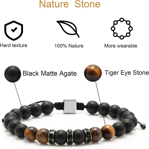 Vista 7 de JoycuFF Pulseras curativas de ojo de tigre para hombres, 0.315 pulgadas, piedra de ágata negra mate para padre, hermano, hijo, novio