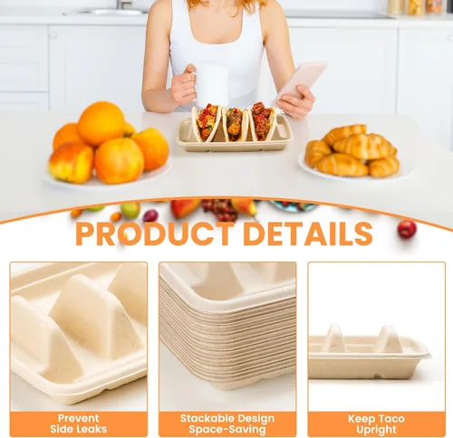 Vista 2 de 25 soportes desechables para tacos para fiestas, platos de taco de fibra de pulpa de bagazo con 3 divisores, soporte para bandeja de tacos