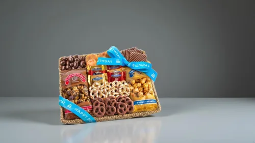 Vista 3 de A Gift Inside Gran Cesta de Regalo de Cumpleaños de Chocolate Caramelo y Crujiente con Aperitivos, Pretzels, Ghirardelli y Nueces Cubiertas