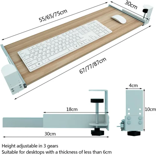 Vista 5 de Bandeja para teclado debajo del escritorio, plataforma deslizante, estante para cajón de mesa de computadora, soporte ajustable para brazo de codo