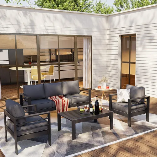 Vista 9 de Amopatio - Juego de muebles de aluminio para patio con cojines de olefina Gris oscuro/ Dorado