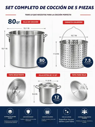 Vista 4 de Olla multiusos de grado profesional de 80 cuartos de galón con cesta (3 piezas) más una olla de 12 cuartos de galón (2 unidades).