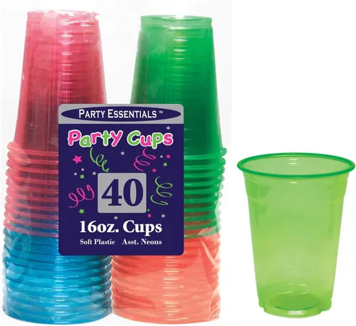 Vista 2 de Party Essentials Vasos de plástico suave de 16 onzas para fiesta, 40 unidades, colores neón surtidos