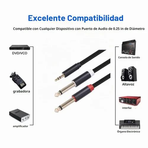 Vista 4 de Cable de audio mono TS de 0.138 in a doble 1/4 de 1/8 a 0.250 in, divisor en Y, compatible con iPhone, iPod, tarjeta de sonido de computadora