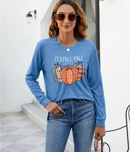 Vista 7 de Sudaderas con estampado de calabaza para mujer, cuello redondo, casual, manga larga para otoño