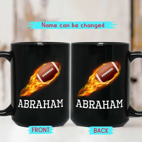 Vista 2 de Taza de café de fútbol personalizada con nombre, regalos para hombres, mujeres, amantes del fútbol, taza de cerámica negra personalizada de 11 onzas