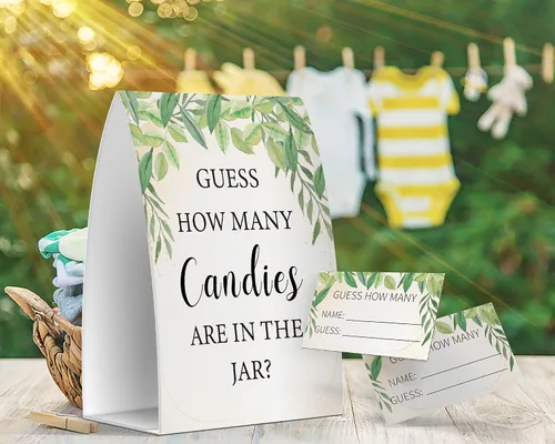 Vista 3 de Cuántos caramelos hay en el frasco, juegos de baby shower de vegetación, baby shower con temática de vegetación - un letrero y 50 tarjetas (GES07)