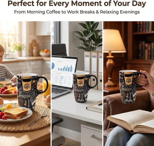 Vista 3 de Topadorn Taza de Café de Cerámica Taza de Viaje Regalo con Tapa 17oz, Taza de Té Alta de Porcelana con Asa para el Hogar y la Oficina, Taza