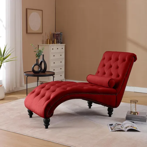 Vista 3 de Moderna tumbona de terciopelo para interiores con ribete de cabeza de clavo, sillón sin brazos con botones para interior con almohada lumbar y 4