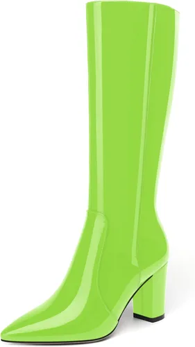 Vista 85 de AMBELIGHT Botas altas hasta la rodilla con cremallera y puntera puntiaguda para mujer, de patente sólida, tacón alto, 3.3 pulgadas
