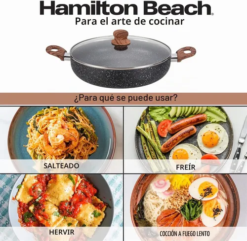 Vista 5 de Hamilton Beach Revestimiento de mármol antiadherente de aluminio de 4.5 cuartos de galón, calefacción uniforme, olla redonda para horno de playa Gris
