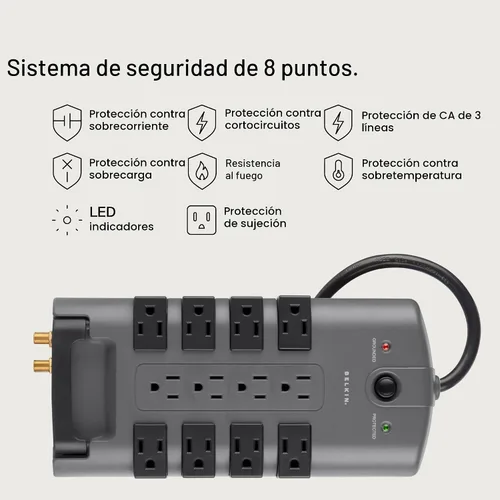 Vista 3 de Regleta giratoria con protección contra sobretensión y protección para teléfono con cable de 6 pies de Belkin Estándar Gris