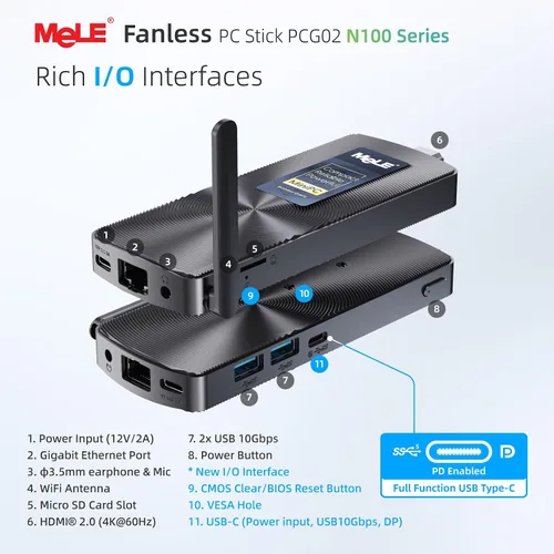 Vista 2 de MeLE Mini PC Stick PCG02 N100 4GB 128GB sin ventilador con Windows 11 Home USB-C