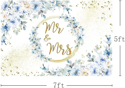 Vista 3 de MEHOFOND Telón de fondo floral azul de 7 x 5 pies para decoración de fiesta de compromiso para parejas, bodas, puntos dorados con purpurina, fondo