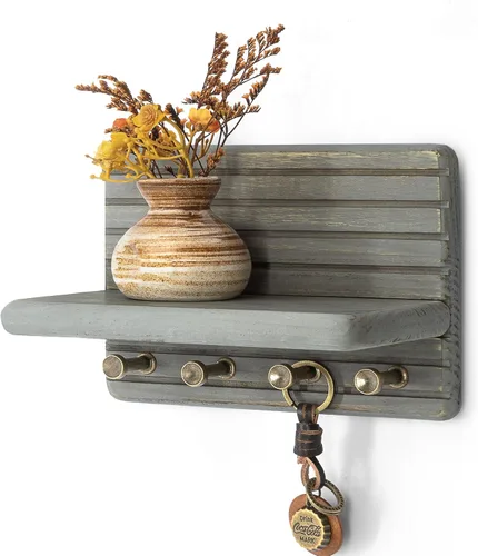 Vista 12 de Rebee Vision Soporte de pared de madera de acacia para decoración del hogar, mini llavero de 7 pulgadas para pared con 4 ganchos resistentes