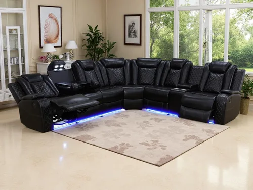 Vista 30 de Juego de sofá de cuero transpirable con puerto USB, 5 sofás seccionales reclinables en forma de L y 2 sillas, juego de sofá seccional reclinable