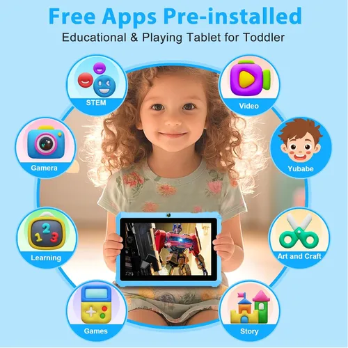 Vista 2 de YINOCHE Tableta Android para niños de 7 pulgadas para niños de 3 a 7 pulgadas, tabletas de 32 GB para niños pequeños con estuche WiFi control Azul