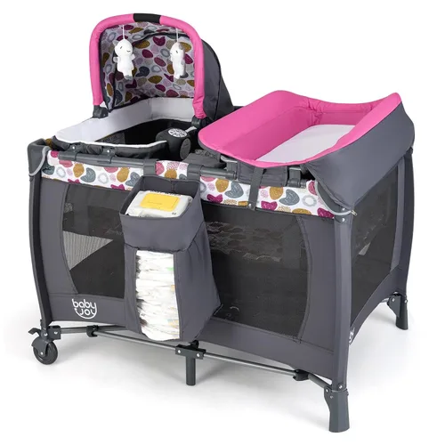 Vista 12 de BABY JOY Paquete y juego 5 en 1, corralito portátil para bebé con moisés y cambiador de pañales, cuna central para guardería infantil con juguetes