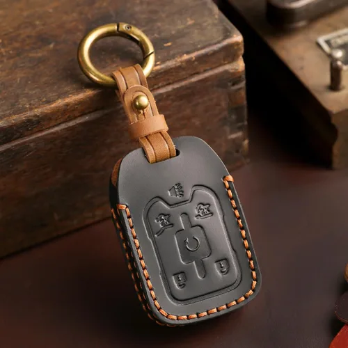 Vista 3 de Funda de llave de cuero de 6 botones, compatible con GMC Yukon Chevy Suburban Tahoe 2015-2020 etc, diseño sin tornillos estilo retro protector