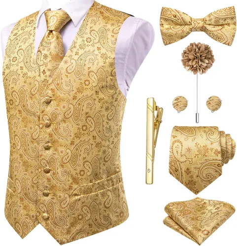 Vista 16 de Hi-Tie Chaleco de traje de seda para hombre, corbata y corbatín de solapa, clip de corbata dorado, chaleco floral de cachemira, 8 piezas, conjunto