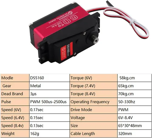 Vista 4 de Servo digital DS5160 SSG HV de 132.3 lbs, 270 grados, resistente al agua, de metal, alto par, servo RC para camión robótico HPI Baja 5B SS RC