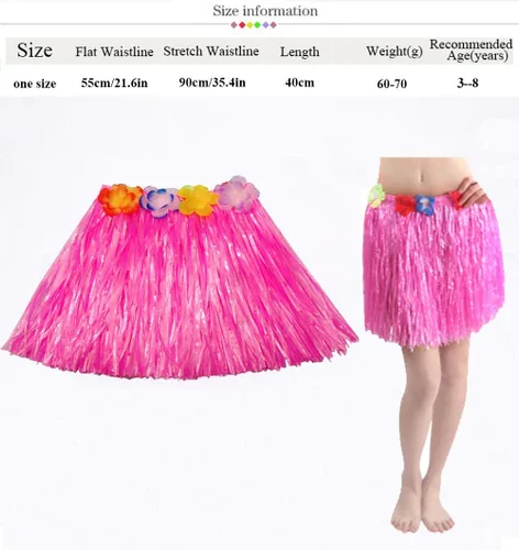 Vista 7 de 30 faldas de hierba hawaianas Luau Hula faldas hawaianas Leis flores, faldas de hierba, diadema, muñequeras, falda de hula tropical para niñas