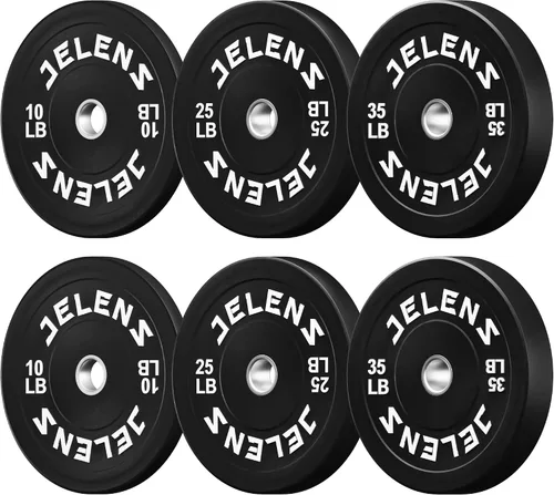 Vista 22 de Juego de Placas de Peso para Barra Olímpica JELENS, Juego de Pesos de Goma de 2 Pulgadas Negro/Colorido para Entrenamiento de Fuerza y Levantamiento