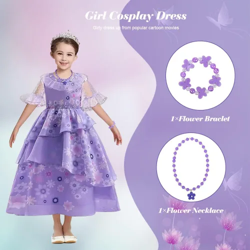 Vista 3 de AOMIG Mirabel Isabella - Vestido de disfraz para niñas, Isabella Madrigal, vestido de cosplay para cumpleaños, Halloween con accesorios