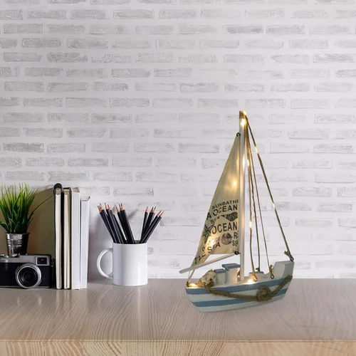 Vista 6 de Modelo de velero de madera, mini LED náutico, conchas náuticas, estatuilla de barco de vela de madera, decoración para el hogar, escritorio