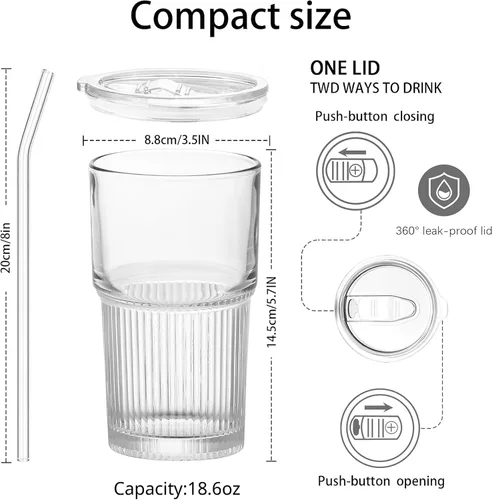 Vista 2 de Taza de café helado con tapa y pajilla, vaso de vidrio acanalado de 18.6 onzas, vaso estético con tapa deslizante para matcha, Boba, batido, cerveza