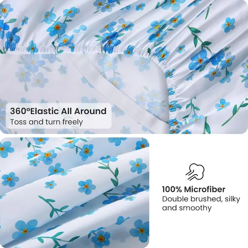 Vista 3 de Viviland Juego de sábanas tamaño individual con estampado de flores azules frescas de 3 piezas, sábanas de microfibra suave y transpirable