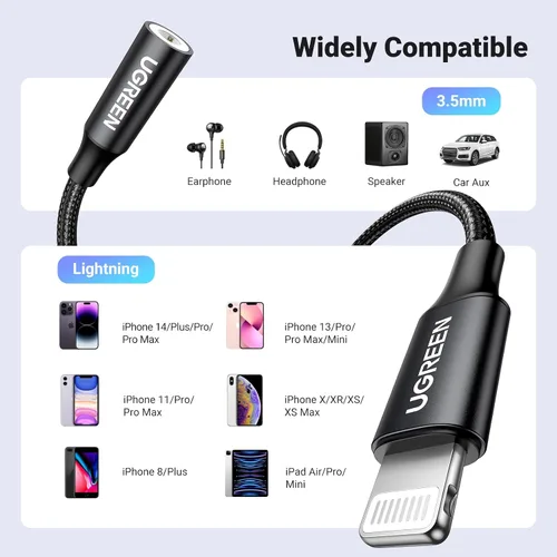 Vista 5 de UGREEN - Adaptador de auriculares para iPhone, Lightning a conector de 3,5 mm, con certificación Apple MFi, dongle de audio auxiliar compatible