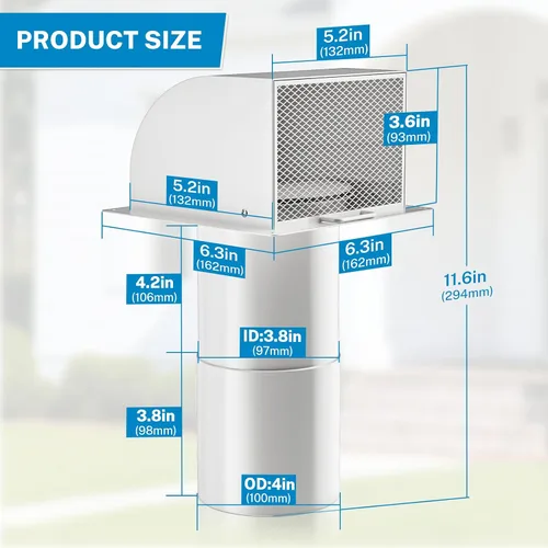 Vista 7 de Hon&Guan - Ventilación de pared con capucha de 4 pulgadas con solapa magnética y malla extraíble, cubierta de ventilación de secadora exterior