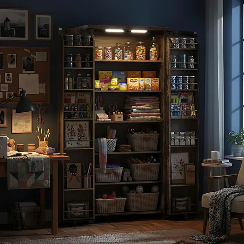 Vista 3 de NEWOWNDS - Armario de almacenamiento para manualidades de 72 pulgadas de alto con luces LED Marrón